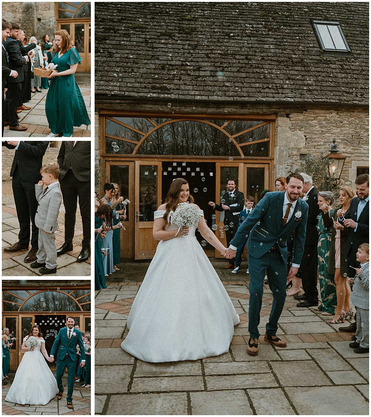 a group of photos of a couple walking down their confetti line up