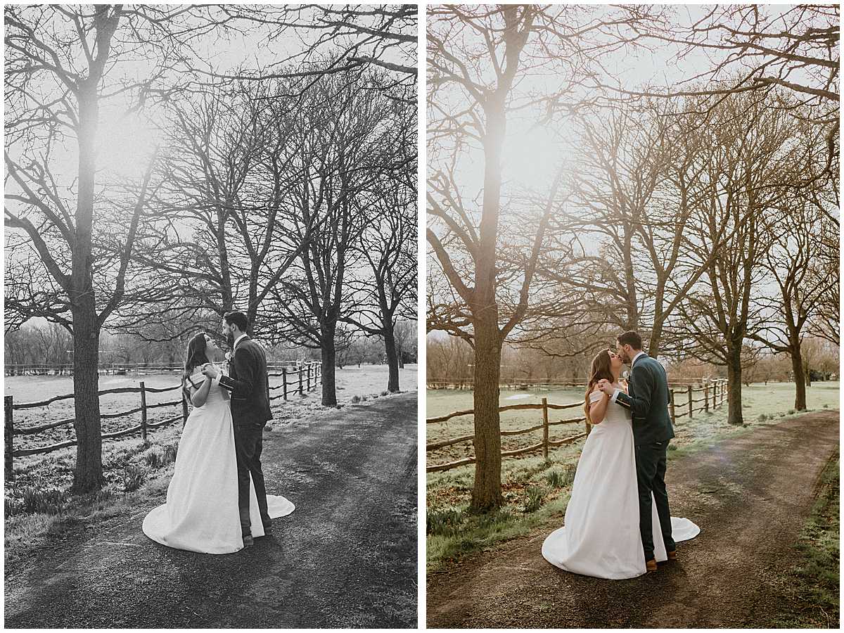 bride and groom posing for portrait images as the sun sets i the background