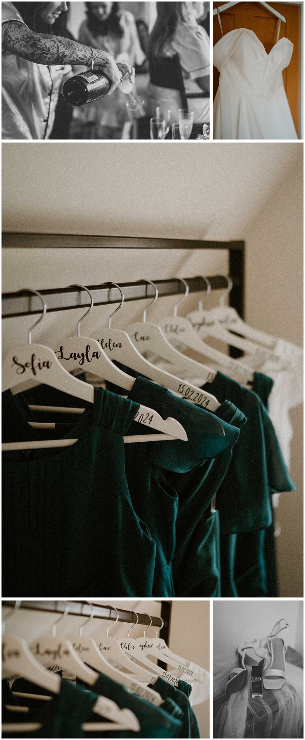 a group of images showing the dresses hanging before a wedding at Oxleaze Barn