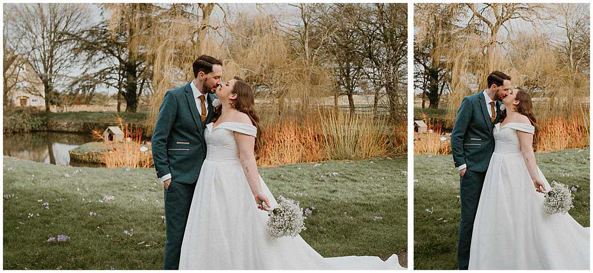 couple portraits in from of the lake at Oxleaze Barn