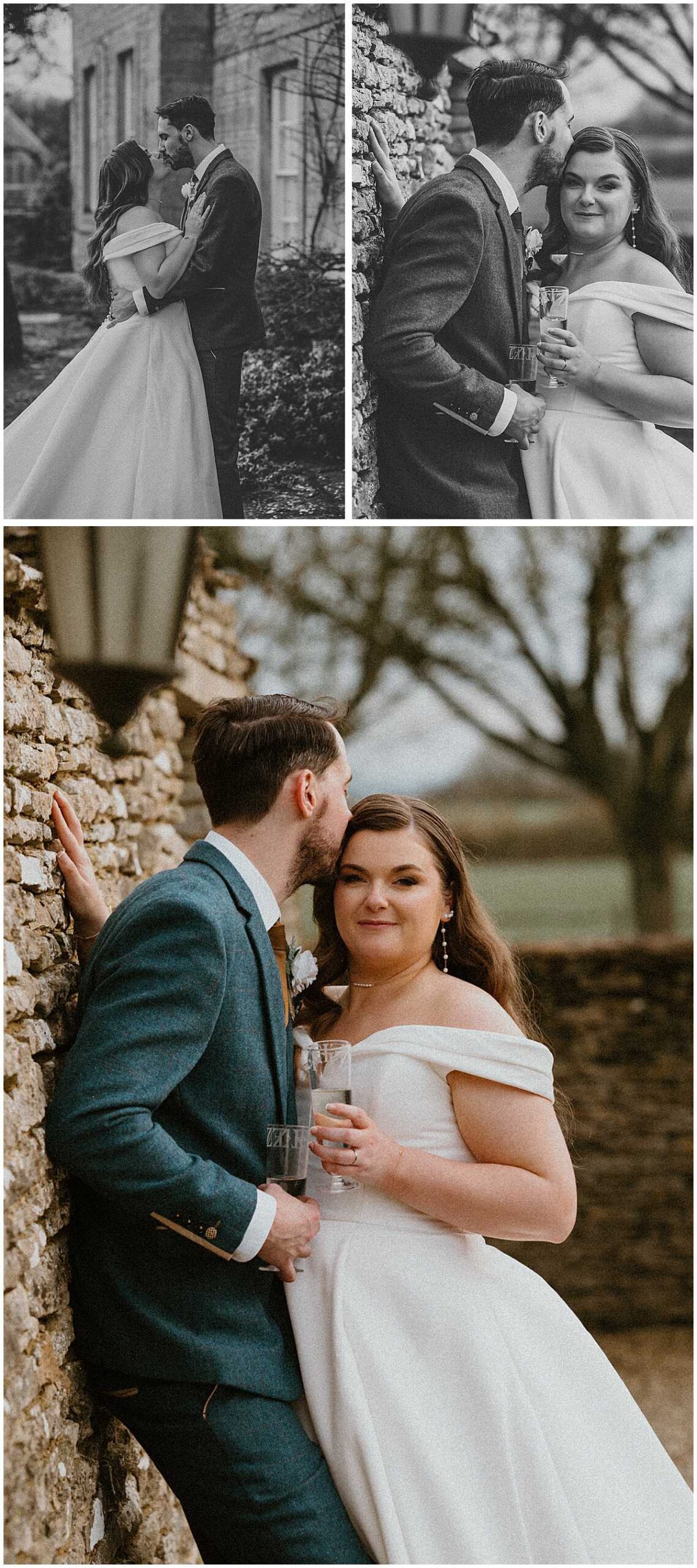 a cotswolds wedding photographers couple portraits outside Oxleaze Barn after their wedding