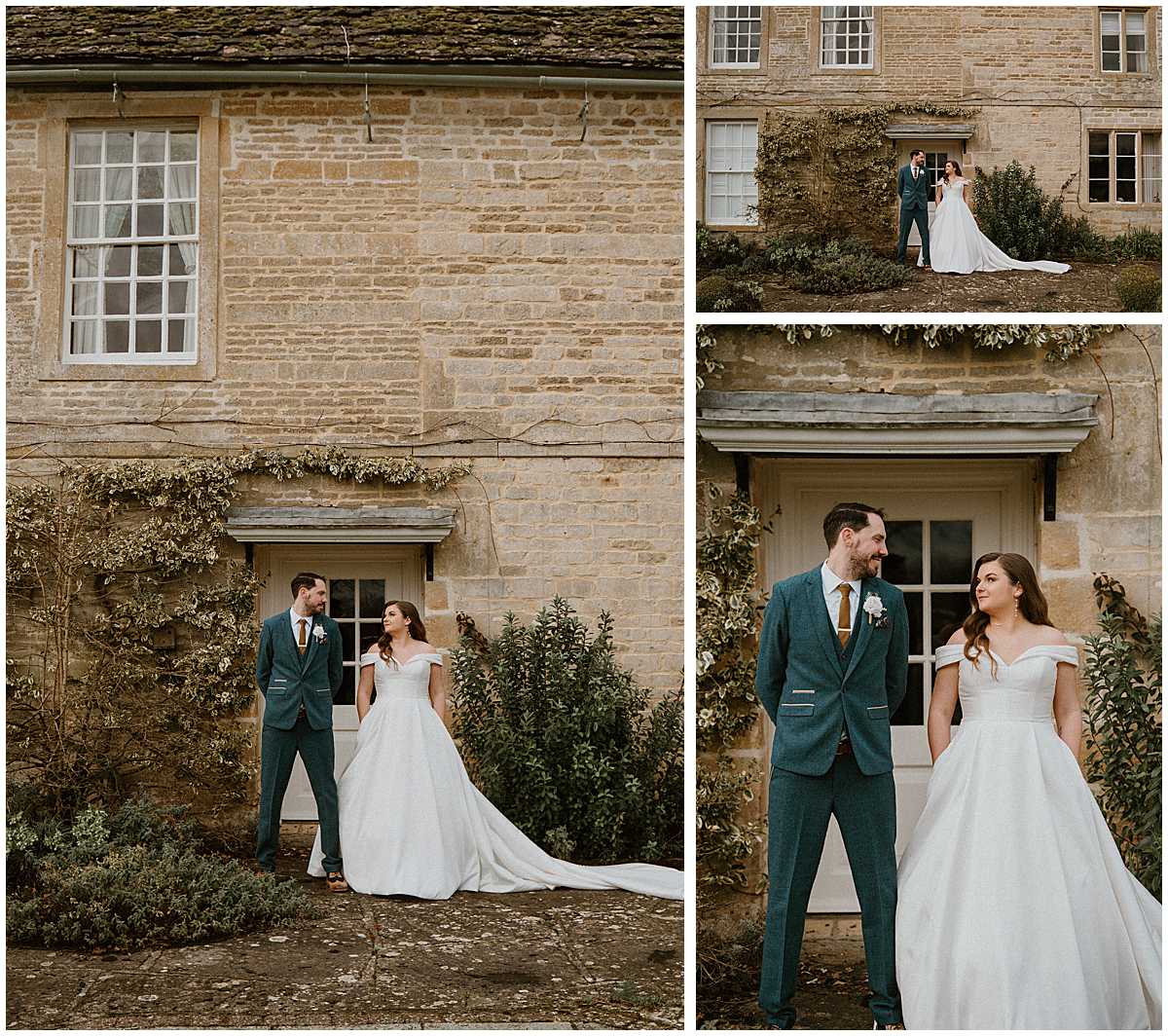 a group of images of a bride and groom as they pose for a cotswold wedding photographer