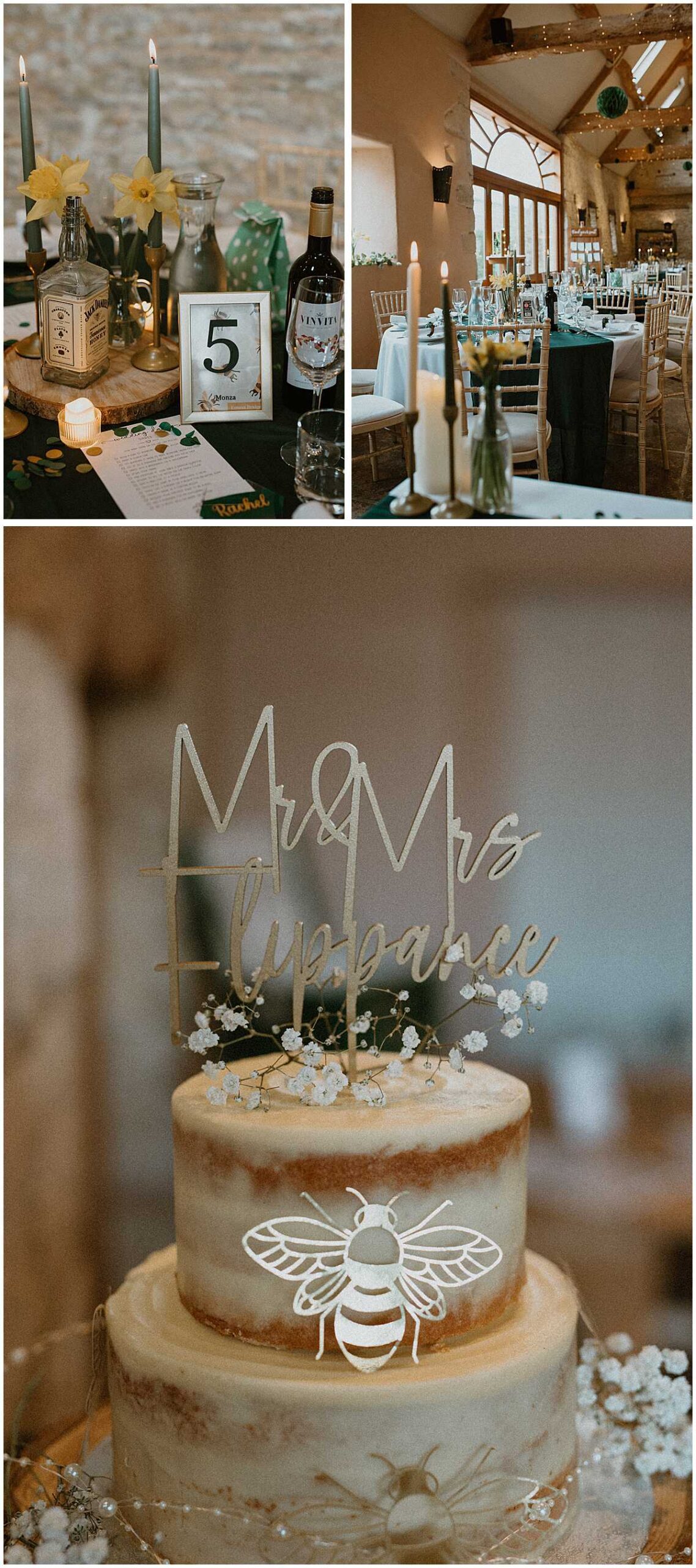 Detail images of the wedding reception room at Oxleaze Barn