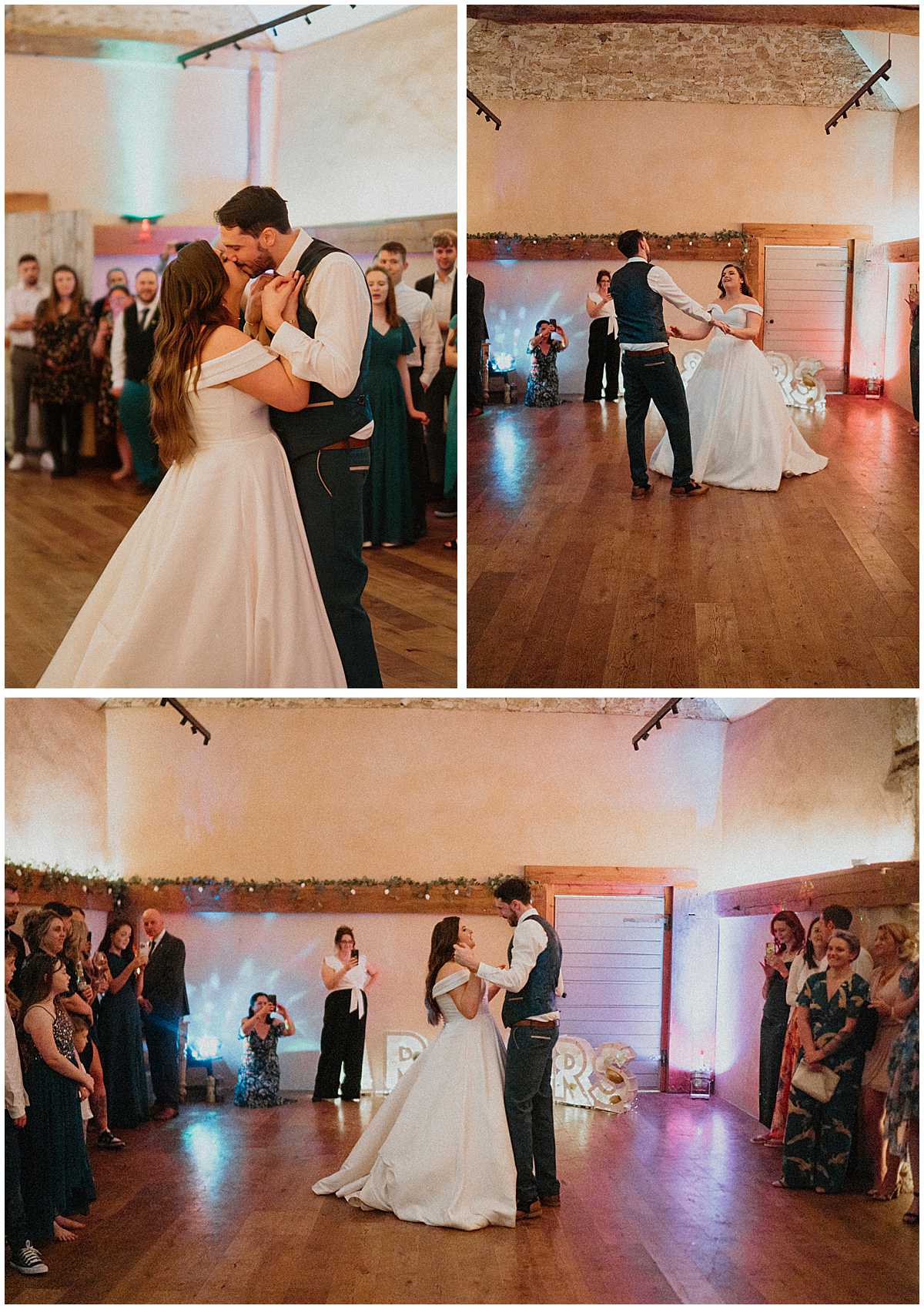 a couple dancing together after their wedding at Oxleaze Barn taken by a cotswolds wedding photographer