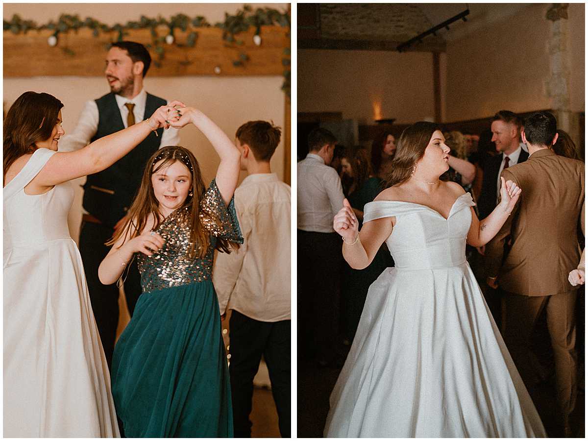 a wedding party dancing on the dance floor following teir wedding