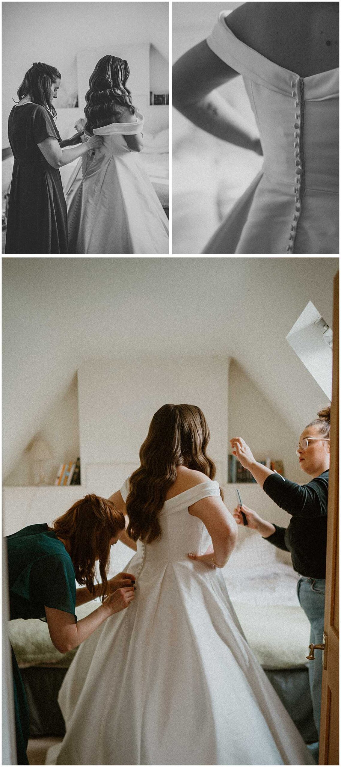 a group of images showing a bride getting into her wedding dress before her wedding at Oxleaze Barn taken by a cotswolds wedding photographer