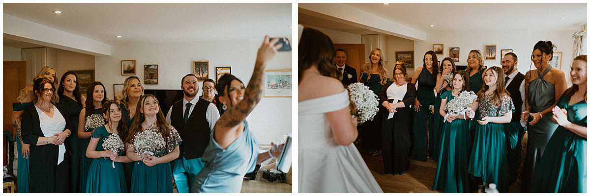 photos of a wedding party together at Oxleaze Barn