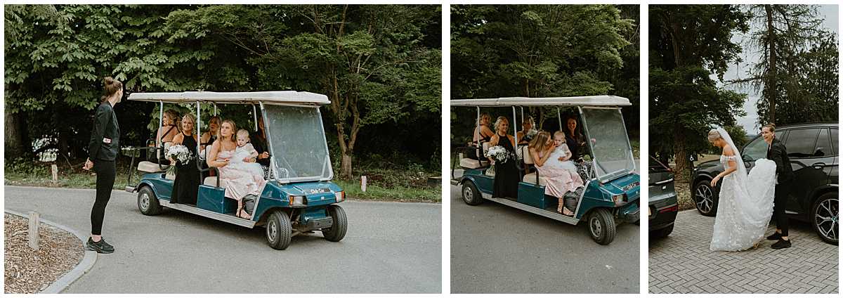 Bridesmaid and bride being taken to the wedding ceremony in a golf cart