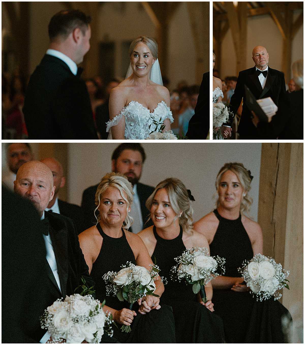 family looking on as a bride arrives at the front of the aisle for her wedding