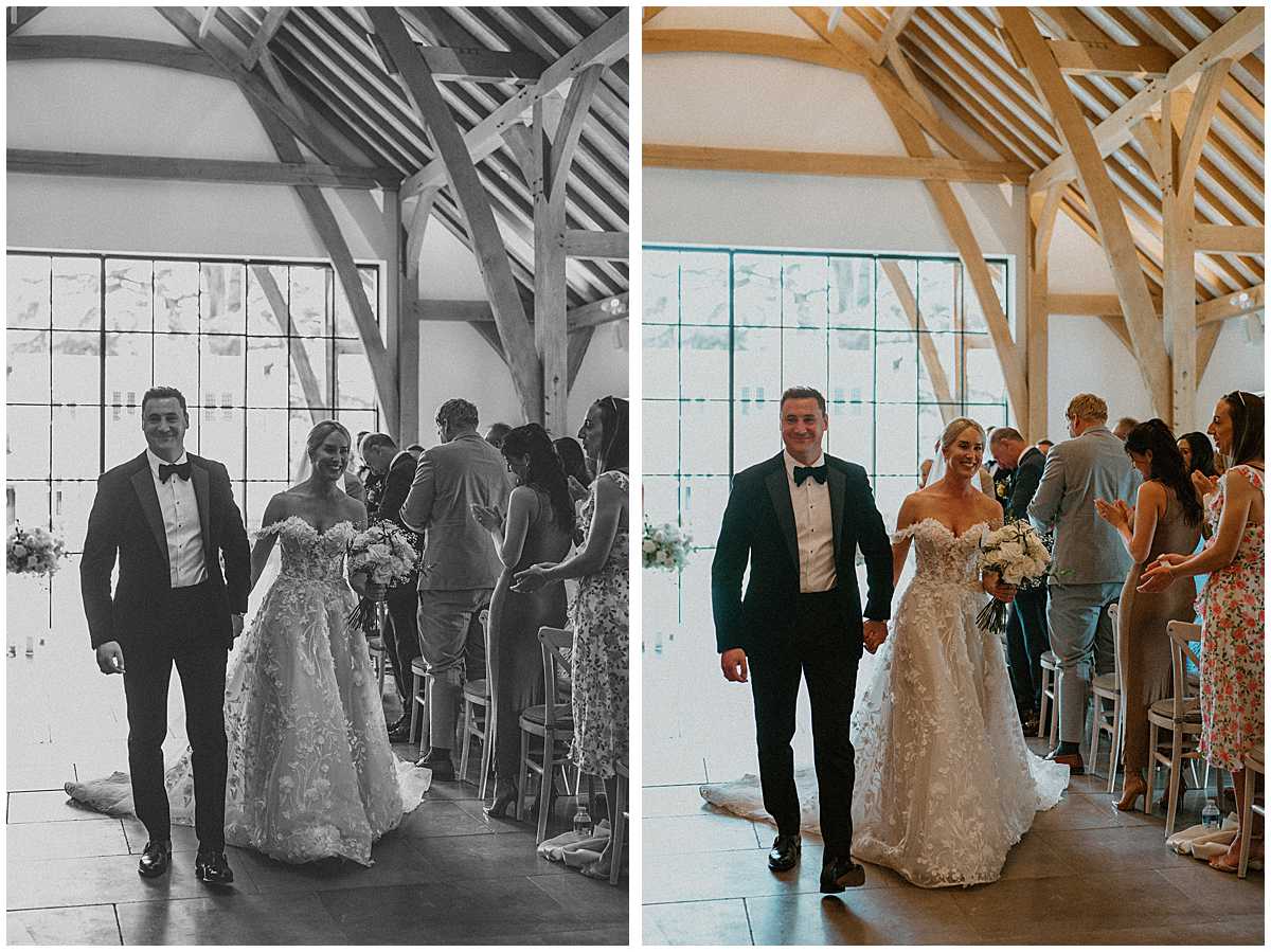 bride and groom walking back down the aisle after their wedding
