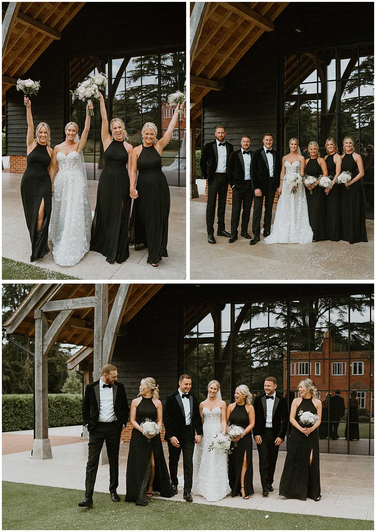 a mix of wedding party photos from a monochrome wedding