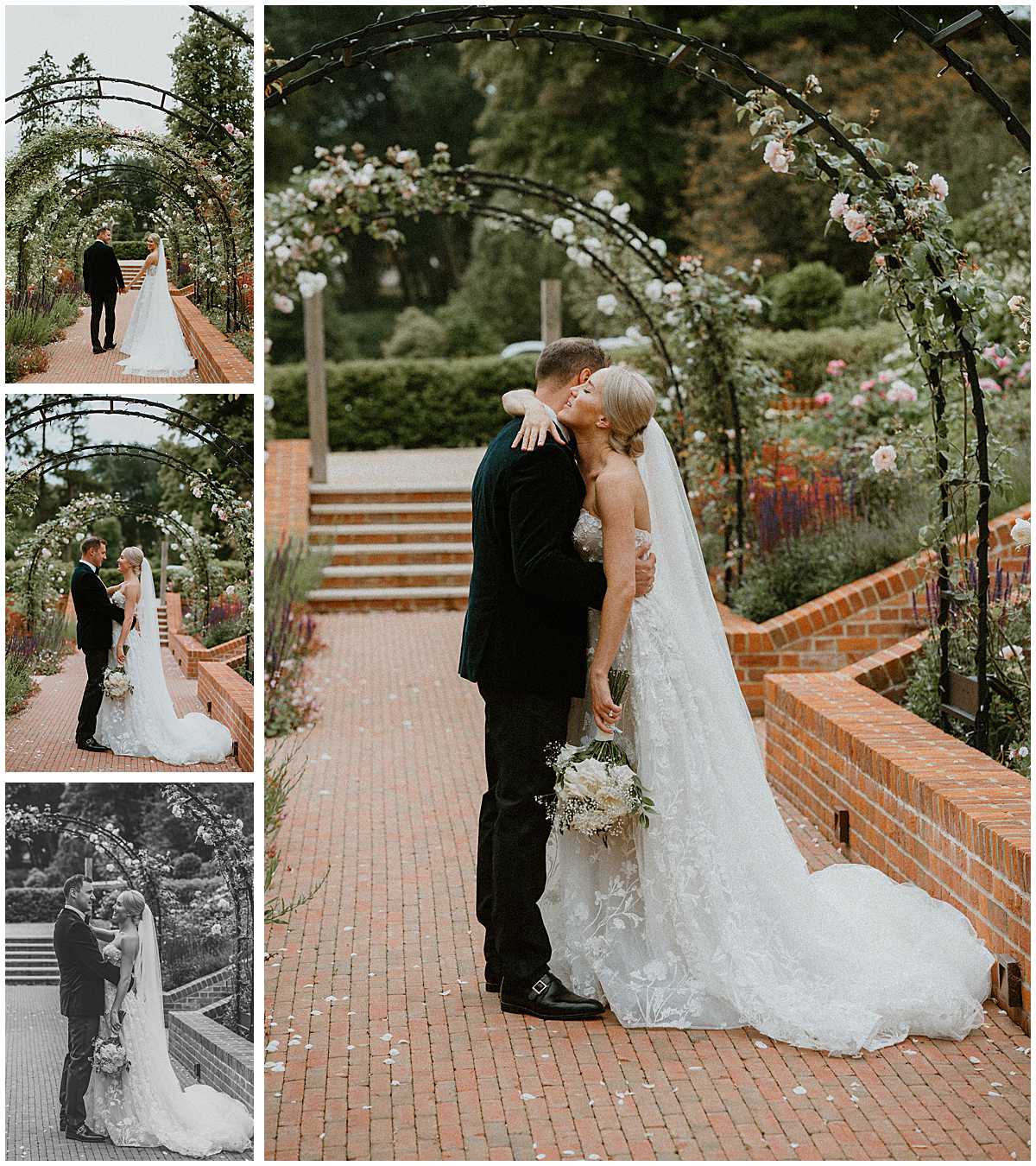 Couple portraits under the garden arches in The Post Barn gardens