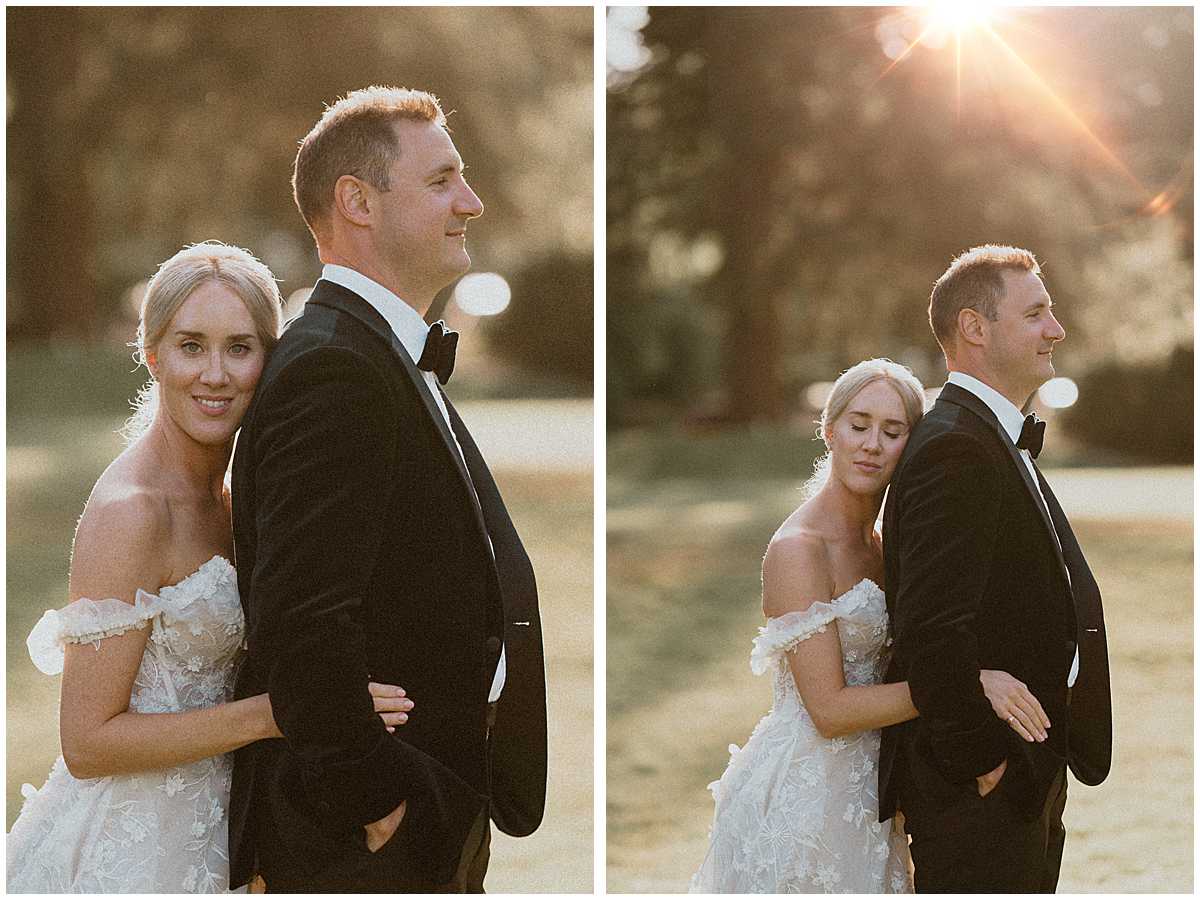 Sunset couple portraits from their wedding day in Newbury