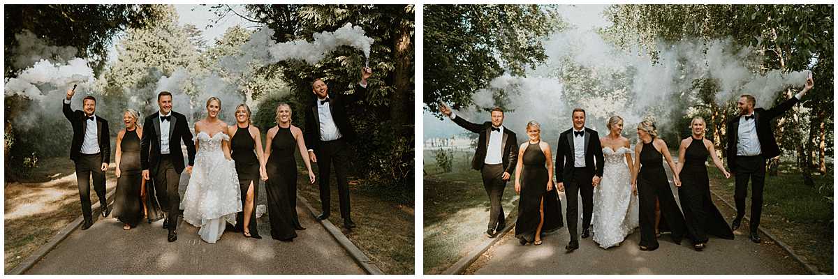 a wedding party with smoke grenades posing and walking