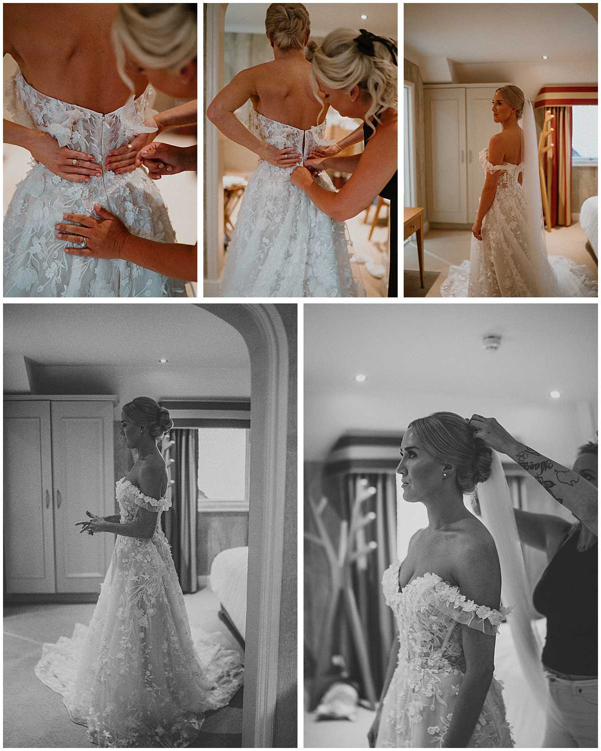 a bride being helped to get into her wedding dress