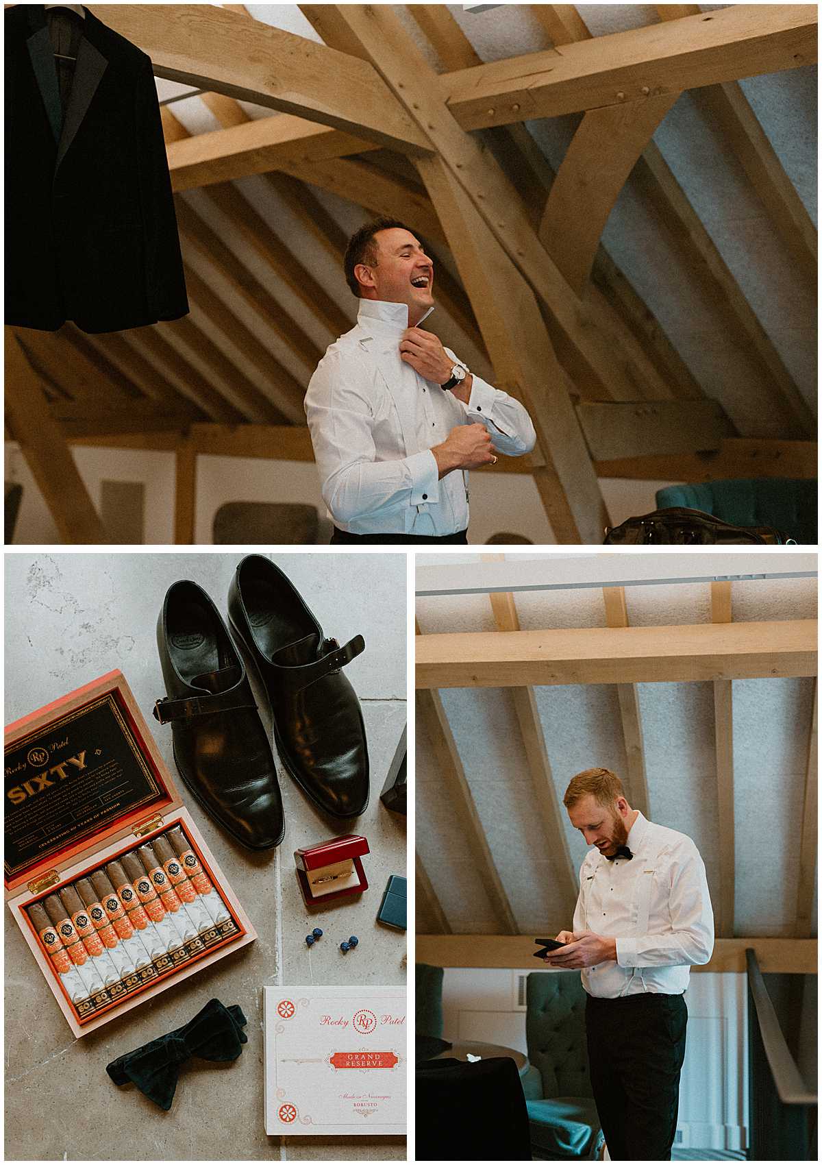 Groom getting ready at The Post Barn in Berkshire, photographed by a Berkshire wedding photographer