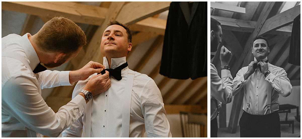 Groom getting ready at The Post Barn in Berkshire, photographed by a Berkshire wedding photographer