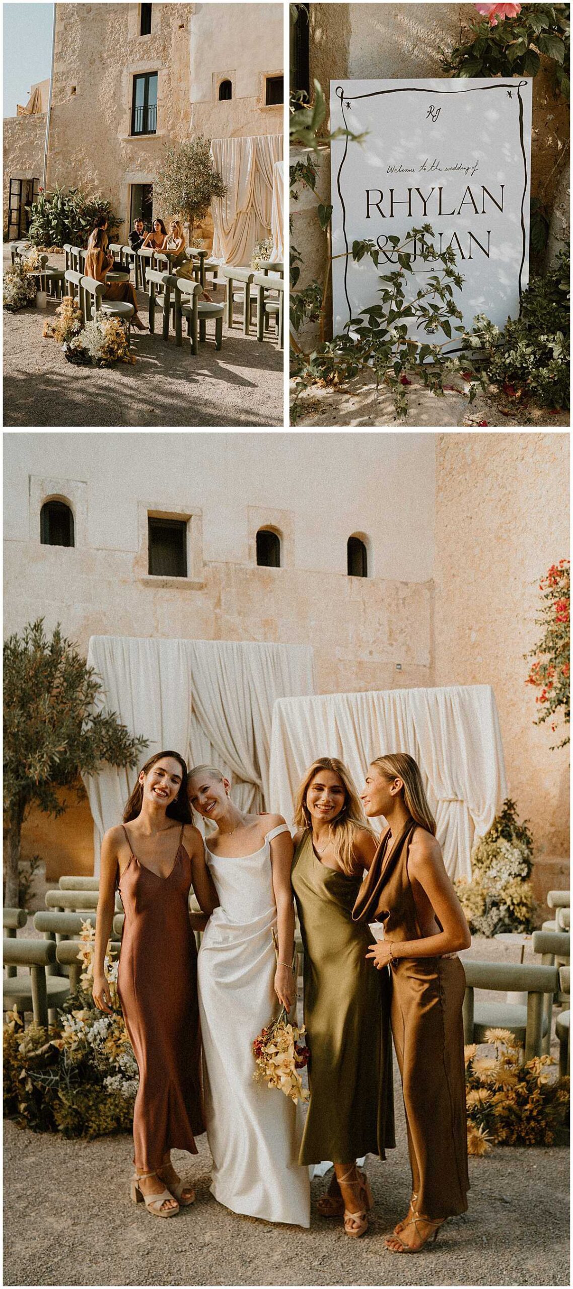 Bride and groom enjoying a Spanish destination wedding surrounded by family and friends