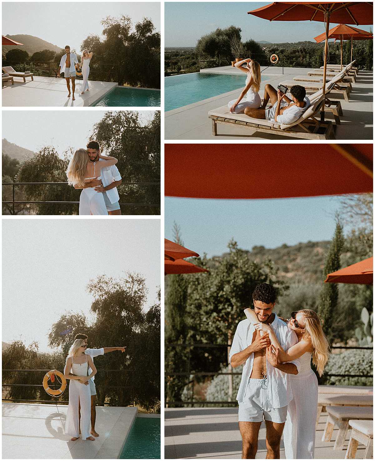 Couple sharing quiet moments by the pool before their wedding