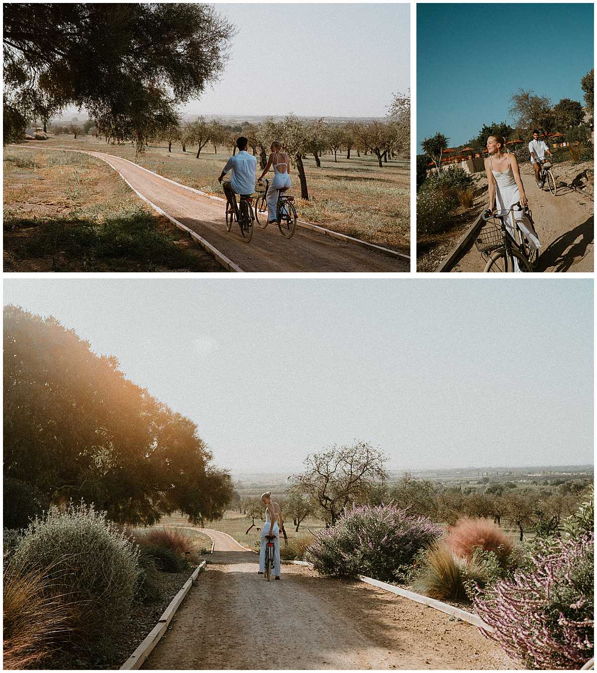 Couple going on a bike ride before their luxury wedding