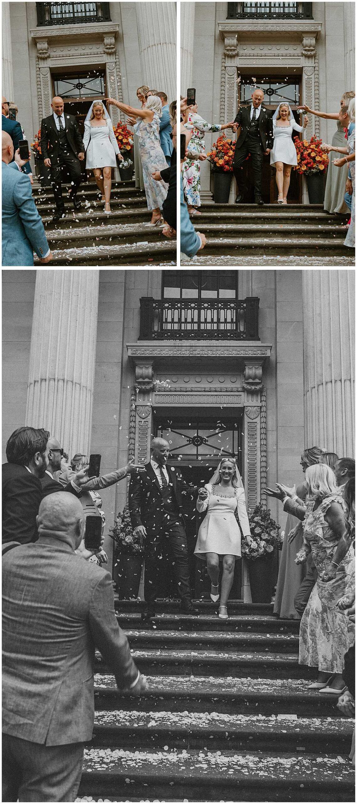 Confetti line up down Old Marleybone Town Hall steps taken by a london wedding photographer