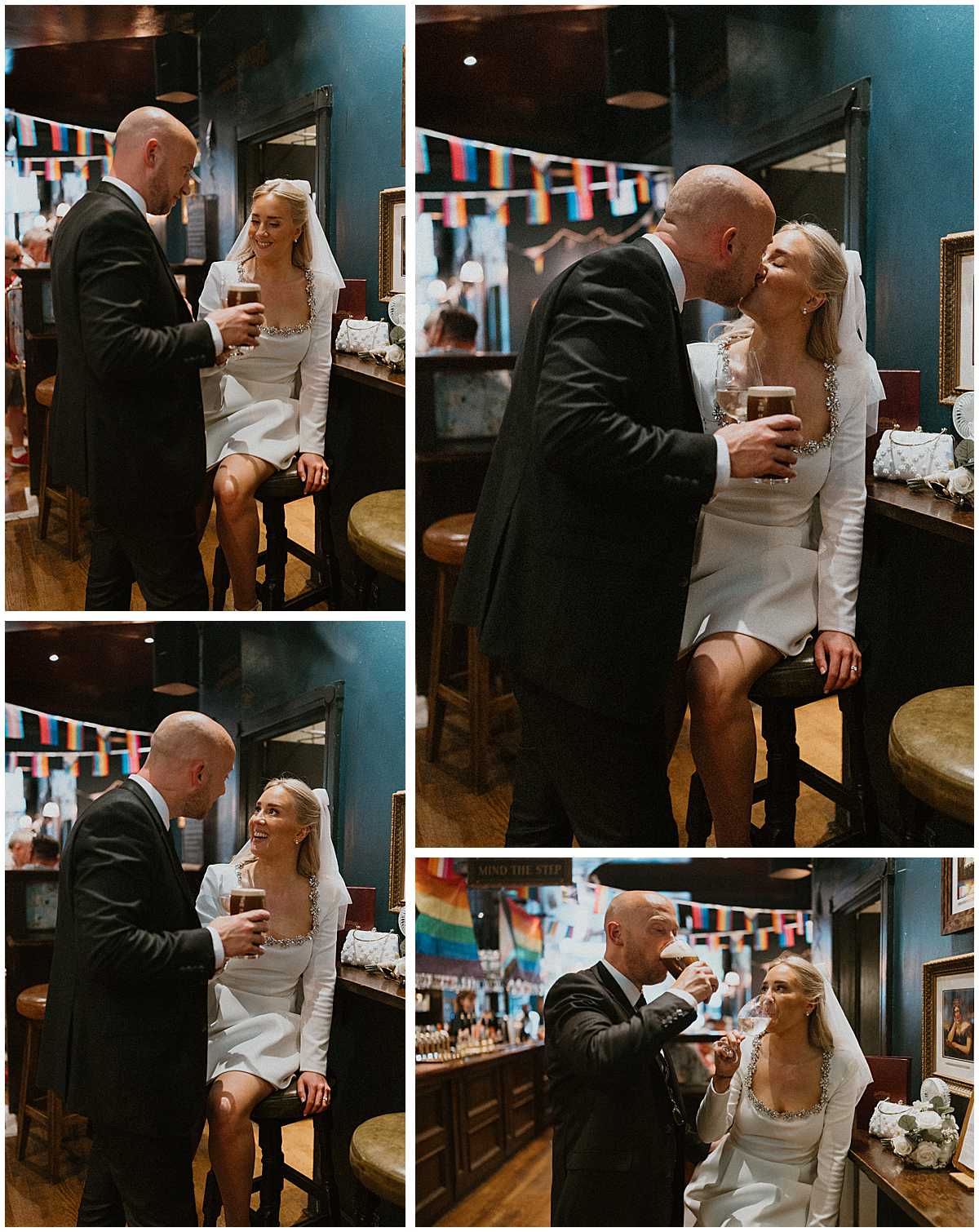 Bride and groom having a celebratory drink in a local London pub
