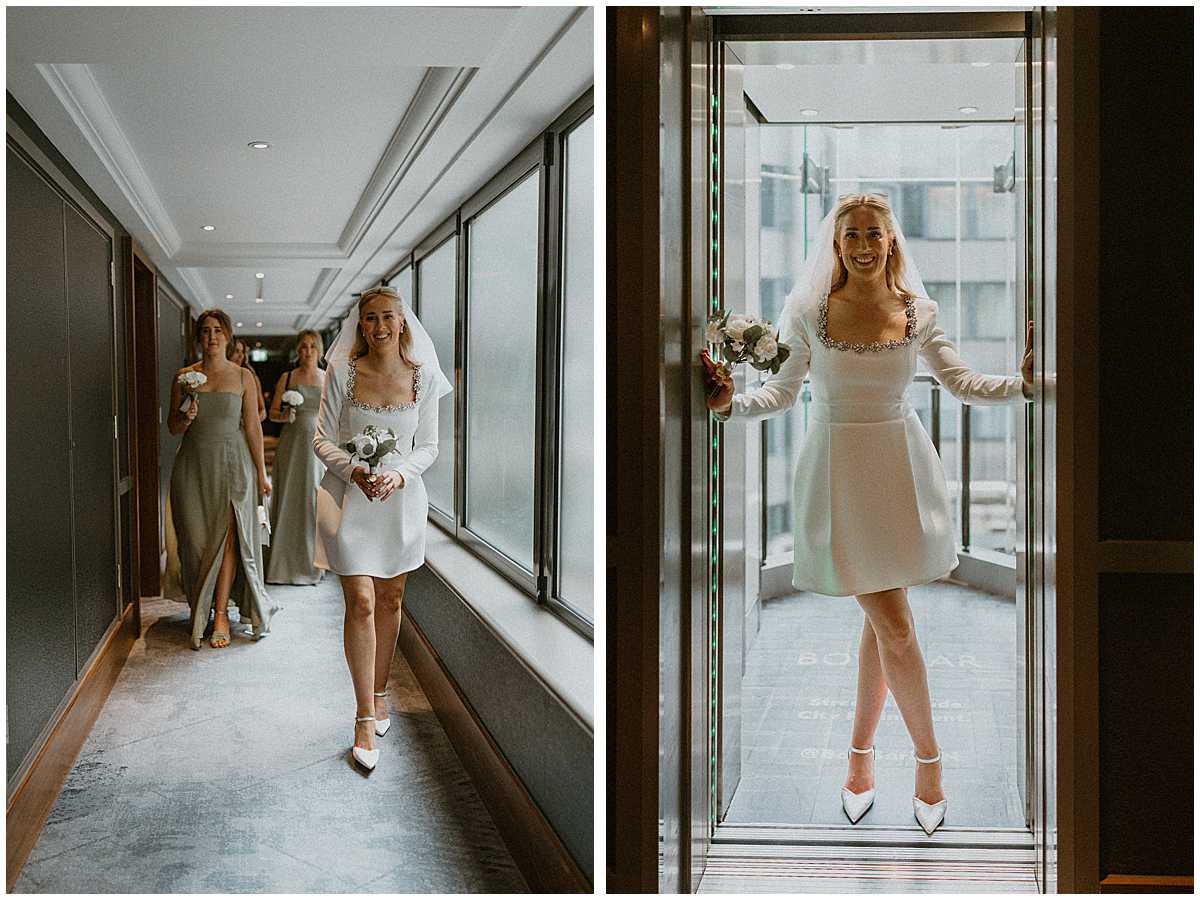 a bride and her bridesmaids walking to her wedding at the Old Marleybone Town hall