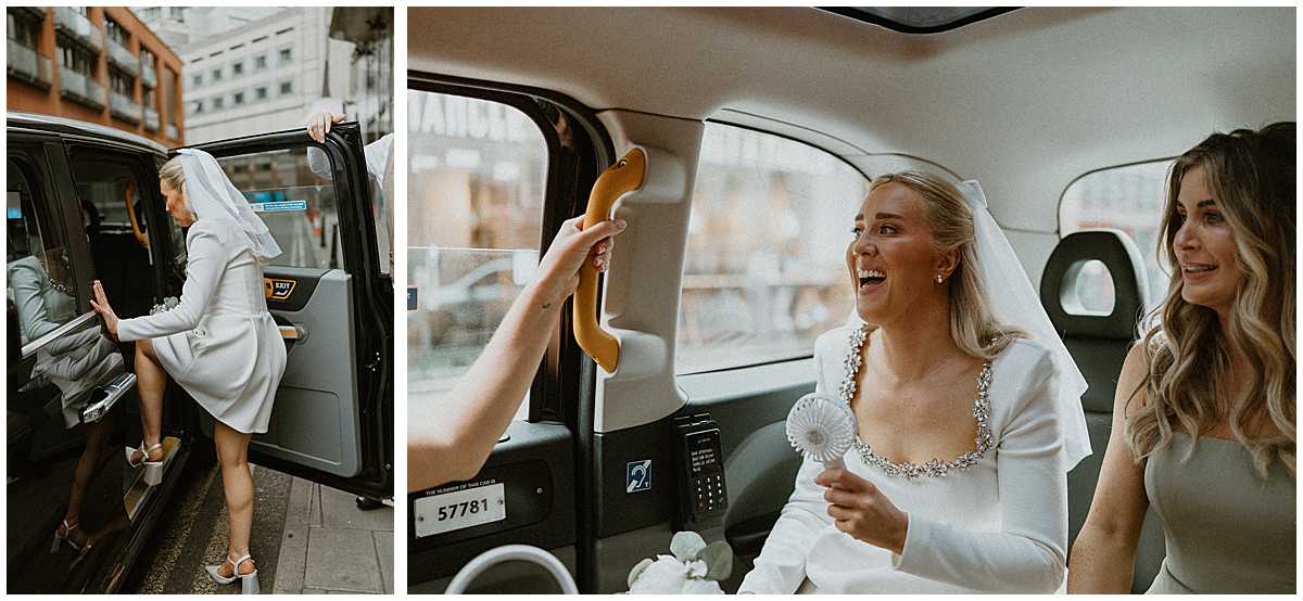 a bride travelling to her wedding at old marleybone town hall in a black cab